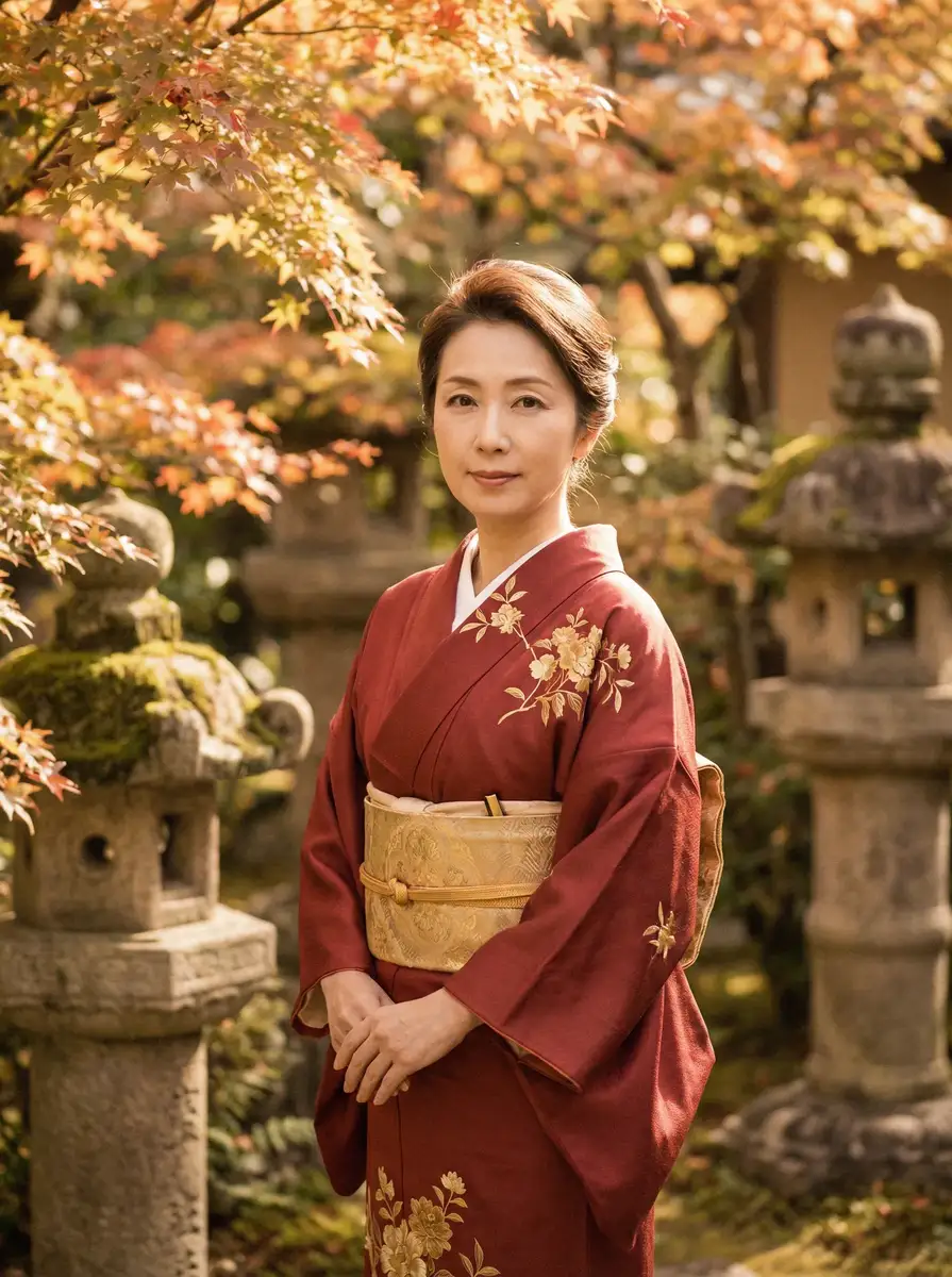 一位身穿暗红色和服的优雅 龙口护士 在日式庭院中