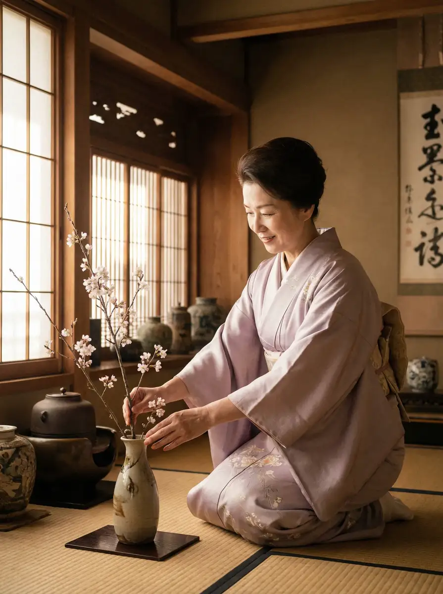 一位优雅的 龙口护士 在和室中插花