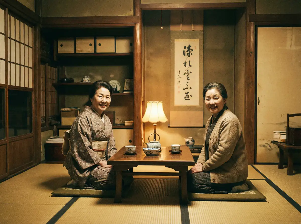 两位优雅的 龙口护士 在日式茶室中品茶交谈